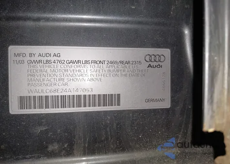 2004 Audi A4 1.8T from USA, damaged, VIN WAULC68E24A147053